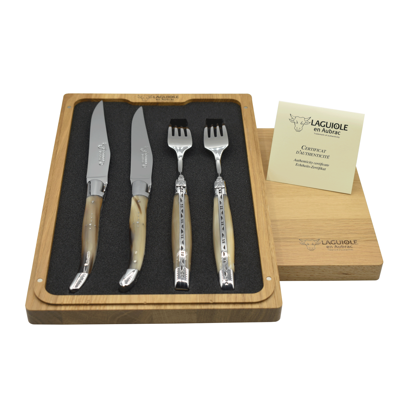 Laguiole en Aubrac Stainless Steel 4-Piece Set With 2 Steak Knives & 2 Forks With Solid Horn Handles - Kitchen Universe