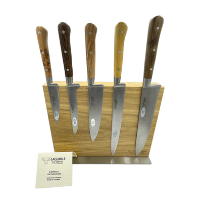 Laguiole en Aubrac Handcrafted 6-Piece Kitchen Knife Set With Mixed Wood Handles & Magnetic Oak Block - Kitchen Universe