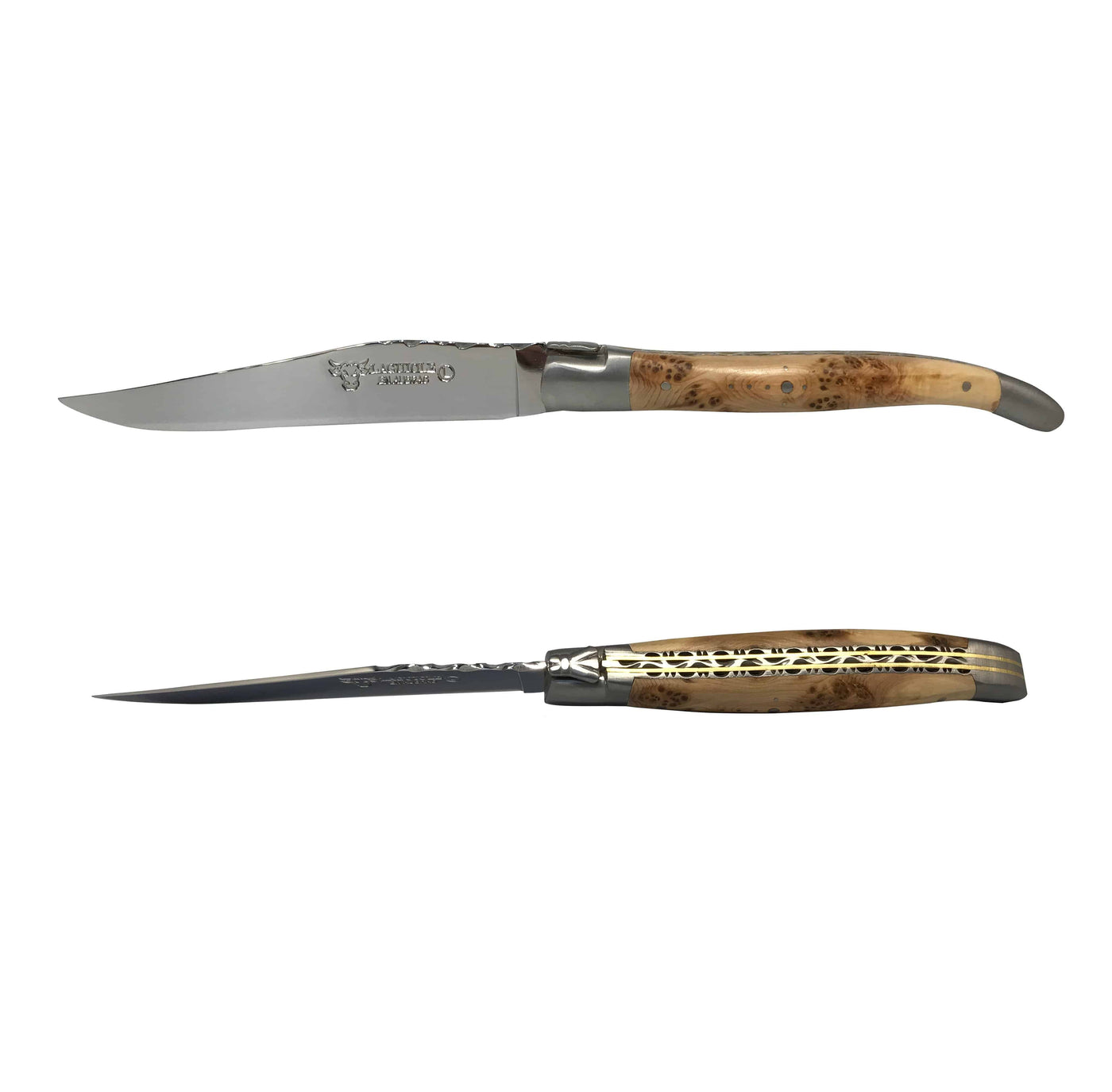 Laguiole en Aubrac Luxury Stainless Steel & Brass Double Plated 6-Piece Steak Knife Set With Juniper Wood Handles - Kitchen Universe