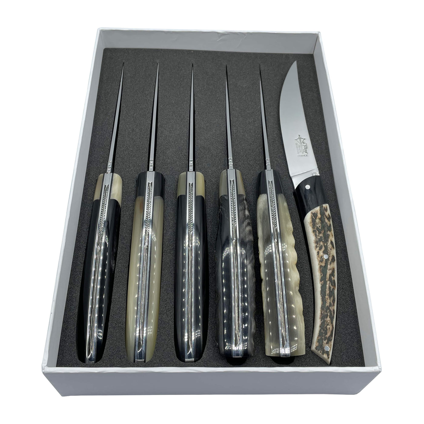 Arbalete Genes David Luxury Fully Forged Steak Knives 6-Piece Set With Full Combined Mixed Horn Handles & Bolsters, 4.25-Inches - Kitchen Universe