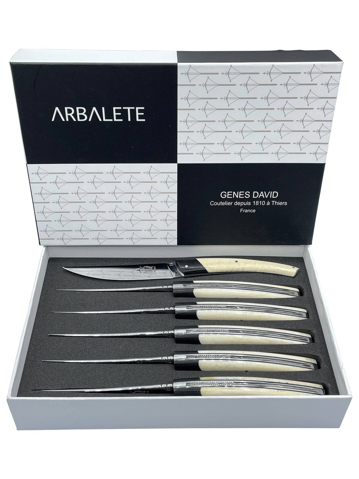 Arbalete Genes David Luxury Fully Forged Steak Knives 6-Piece Set with Full Bone Handles with Ebony Bolsters, 4.25-inches