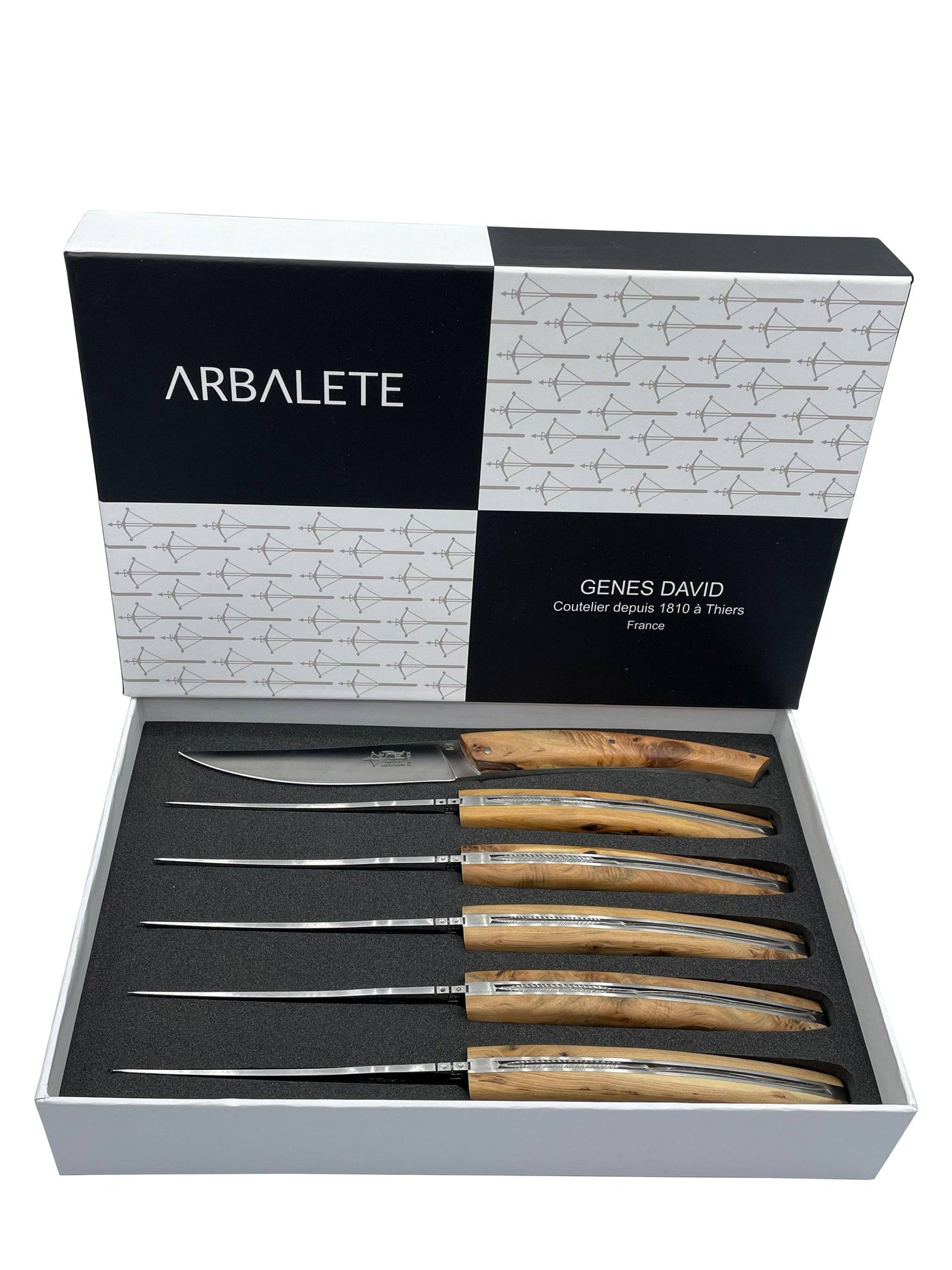 Arbalete Genes David Luxury Fully Forged Steak Knives 6-Piece Set With Full Juniper Wood Handles, 4.25-Inches - Kitchen Universe