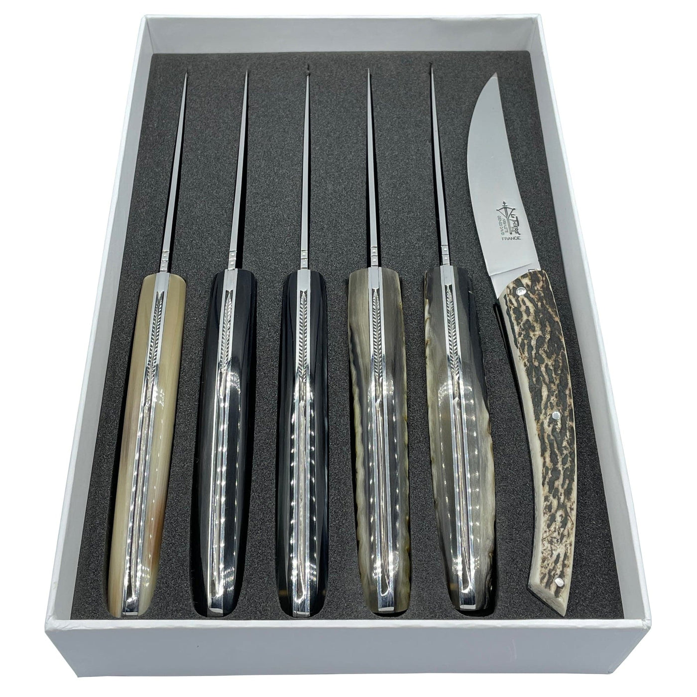 Arbalete Genes David Luxury Fully Forged Steak Knives 6-Piece Set with Full Mixed Horn Handles, 4.25-Inches - Kitchen Universe