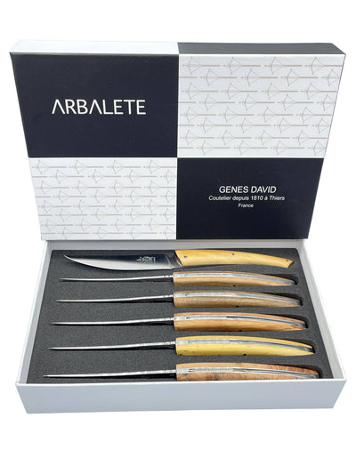 Arbalete Genes David Luxury Fully Forged Steak Knives 6-Piece Set with Full Mixed Wood Handles, 4.25-Inches - Kitchen Universe