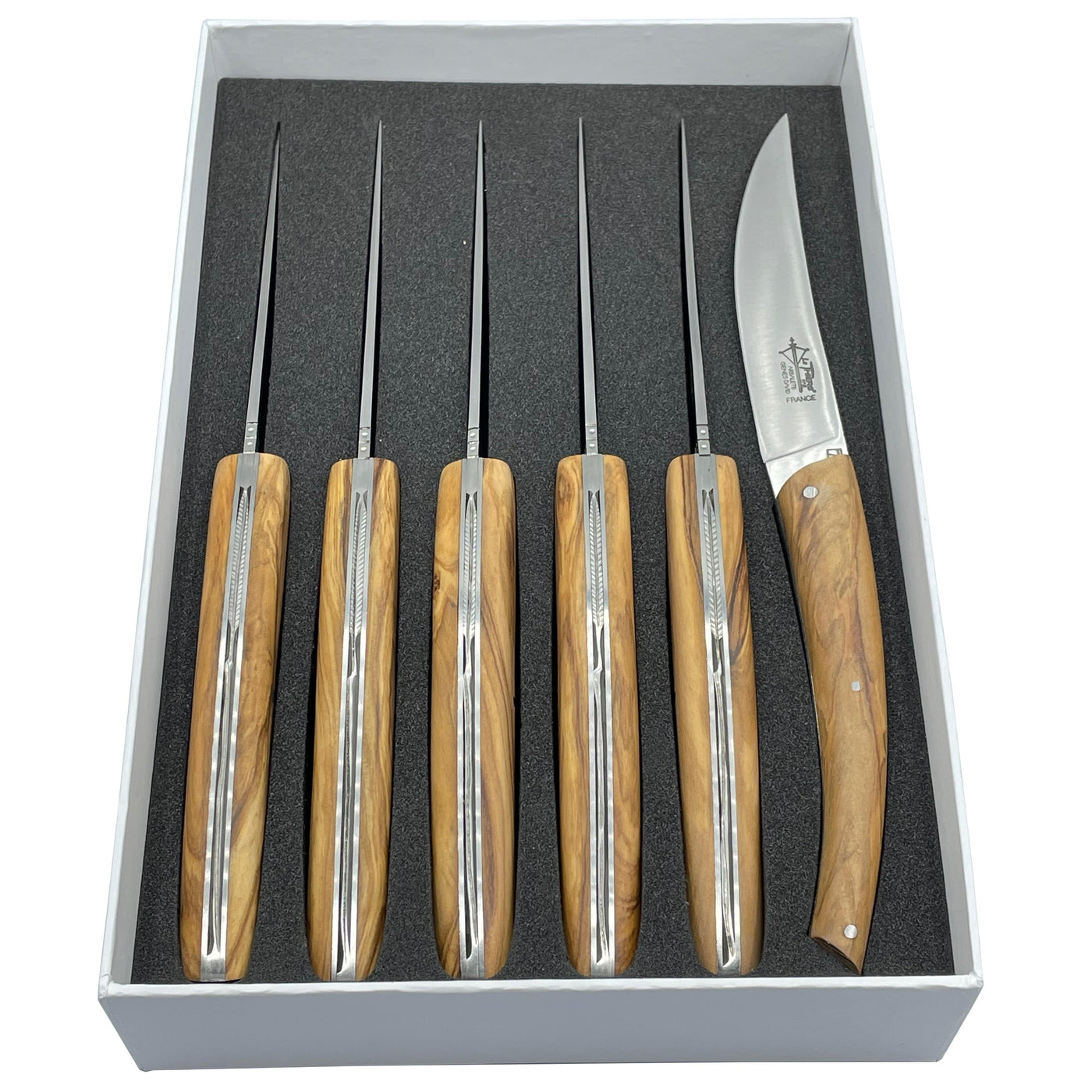 Arbalete Genes David Luxury Fully Forged Steak Knives 6-Piece Set With Full Olivewood Handles, 4.25-Inches - Kitchen Universe