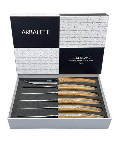 Arbalete Genes David Luxury Fully Forged Steak Knives 6-Piece Set With Full Olivewood Handles, 4.25-Inches - Kitchen Universe