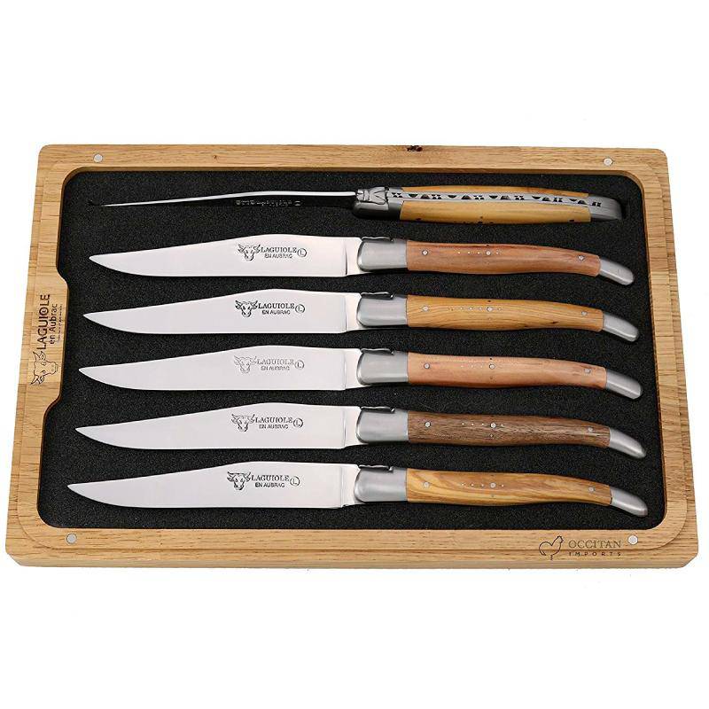 Laguiole en Aubrac Stainless Steel 6-Piece Steak Knife Set With Mixed French Wood Handles - Kitchen Universe
