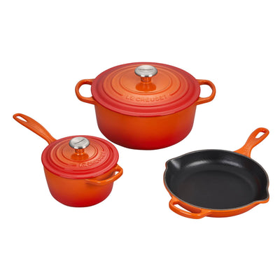 Le Creuset Signature Enameled Cast Iron 5-Piece Cookware Set, Flame - Kitchen Universe