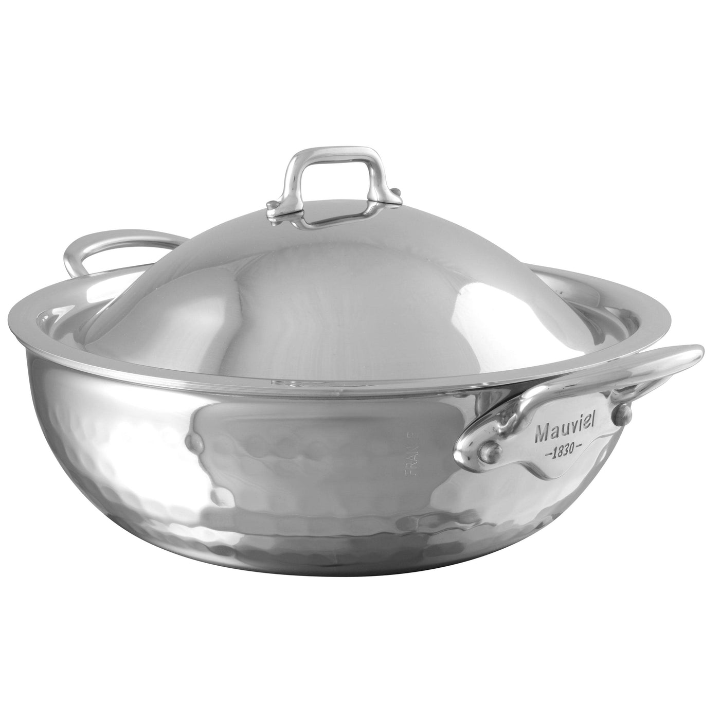 Mauviel M'Elite Hammered 5-Ply Stainless Steel Curved Splayed Sauté Pan with Domed Lid, 3.4-qt - Kitchen Universe
