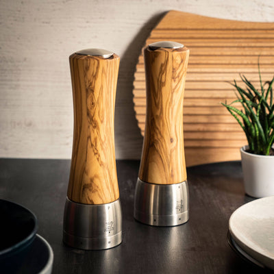 Peugeot Madras Olive Wood & Stainless Pepper & Salt Mill Set, 8-in - Kitchen Universe