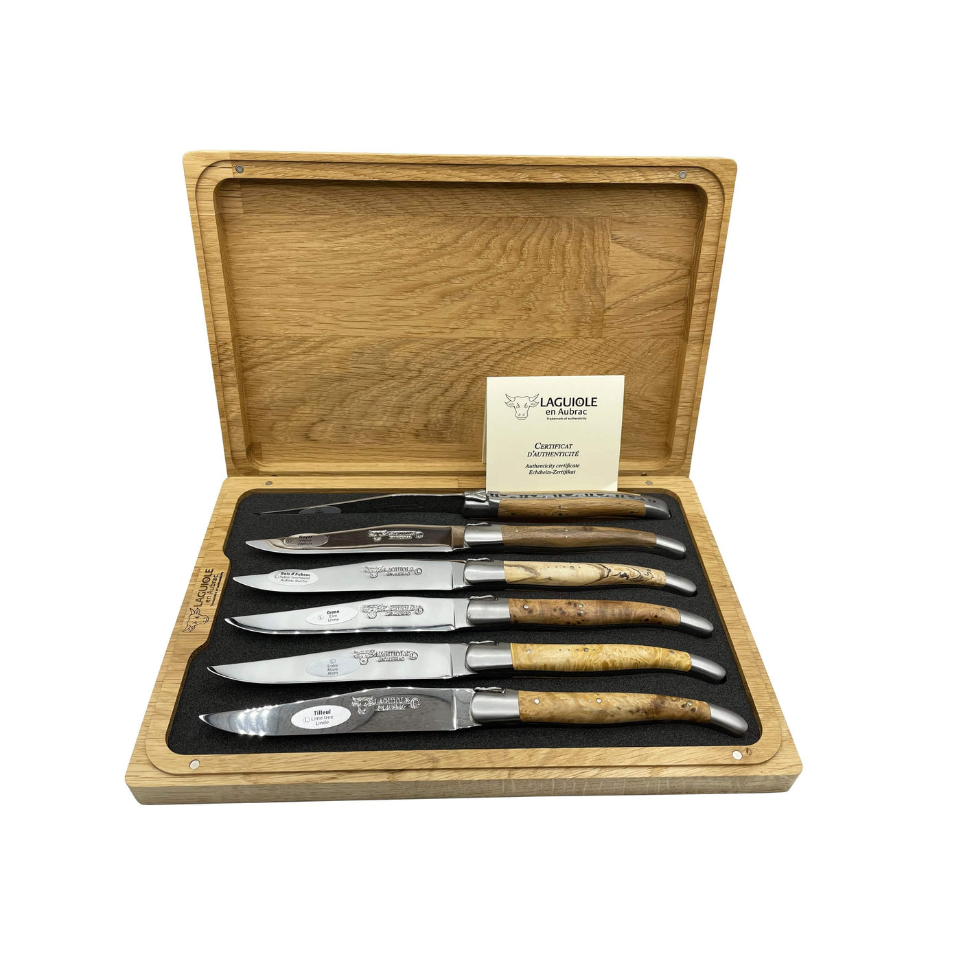 Laguiole en Aubrac Luxury Stainless Steel 6-Piece Steak Knife Set With Mixed European Wood Handles - Kitchen Universe