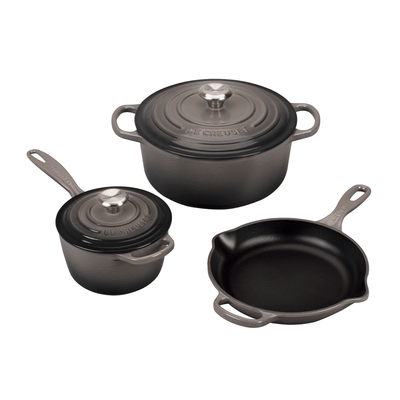 Le Creuset 5 Piece Signature Enameled Cast Iron Cookware Set, Oyster - Kitchen Universe