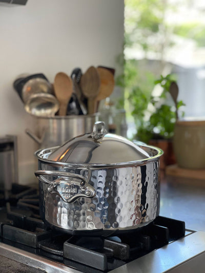 Mauviel M'Elite Hammered 5-Ply Stainless Steel Cocotte with Domed Lid, 9.2-qt - Kitchen Universe