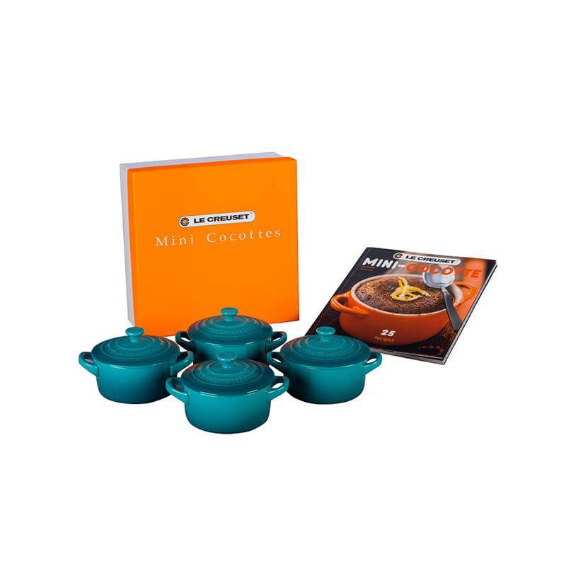 Le Creuset Set of 4 Mini Cocottes with Cookbook, 8 oz. Caribbean - Kitchen Universe