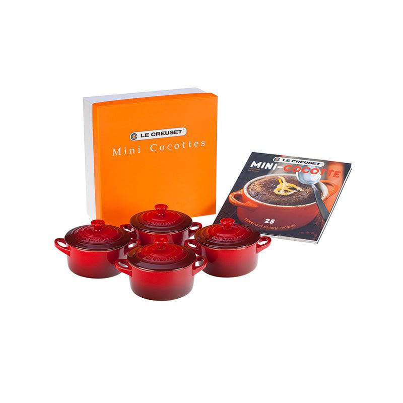 Le Creuset Set of 4 Mini Cocottes with Cookbook, 8 oz. Cerise - Kitchen Universe