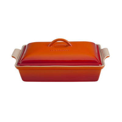 Le Creuset Heritage Stoneware Rectangular Casserole With Lid, 4-Quart, Flame - Kitchen Universe