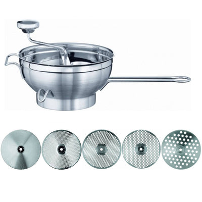 Rosle Stainless Steel Food Mill with Handle and 5 Grinding Disc Sieves - Kitchen Universe