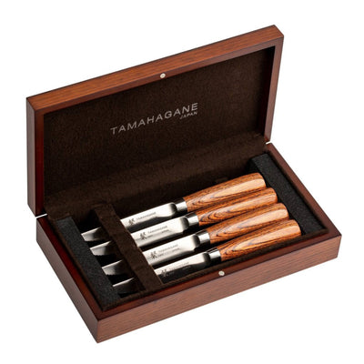 Tamahagane San 3-ply Special Steel 4-Piece Steak Knife Set with Brown Pakkawood Handle in Wooden Case - Kitchen Universe
