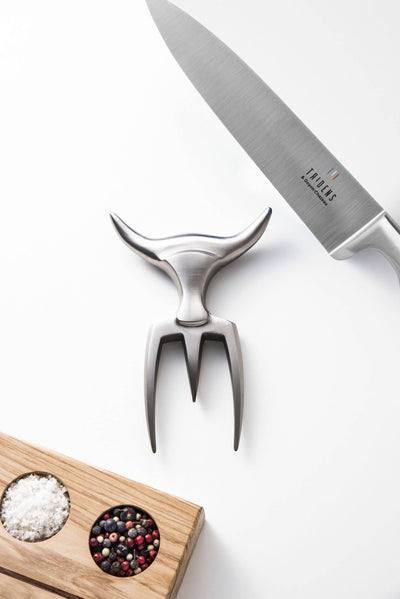 Tridens 3-Piece Essentials Cutlery Set With Hand Finished Ergonomic Brushed Stainless Steel Fork, 165mm / 6.5-in, Goyon-Chazeau Chef’s Knife, 20cm / 7.9-in & Beechwood Base - Kitchen Universe