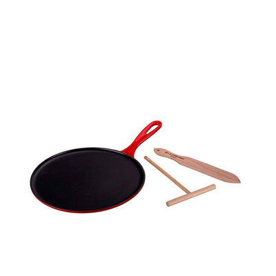 Le Creuset Enameled Cast Iron Crêpe Pan with Râteau and Spatula, 10 3/4-in, Cerise - Kitchen Universe